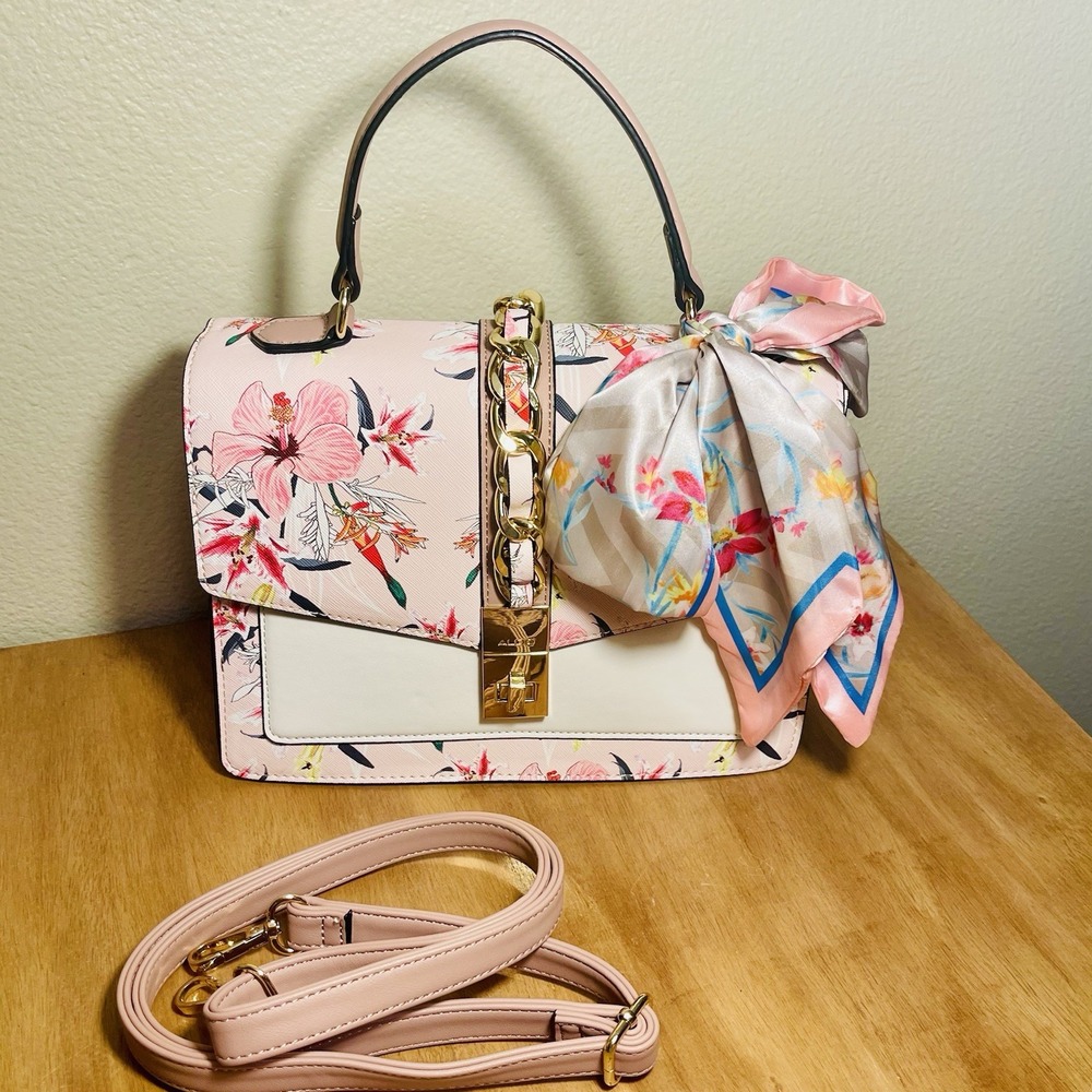ALDO Cailla Floral Top Handle Bag Purse Pink Crossbody Bow Scarf Accent Vacation